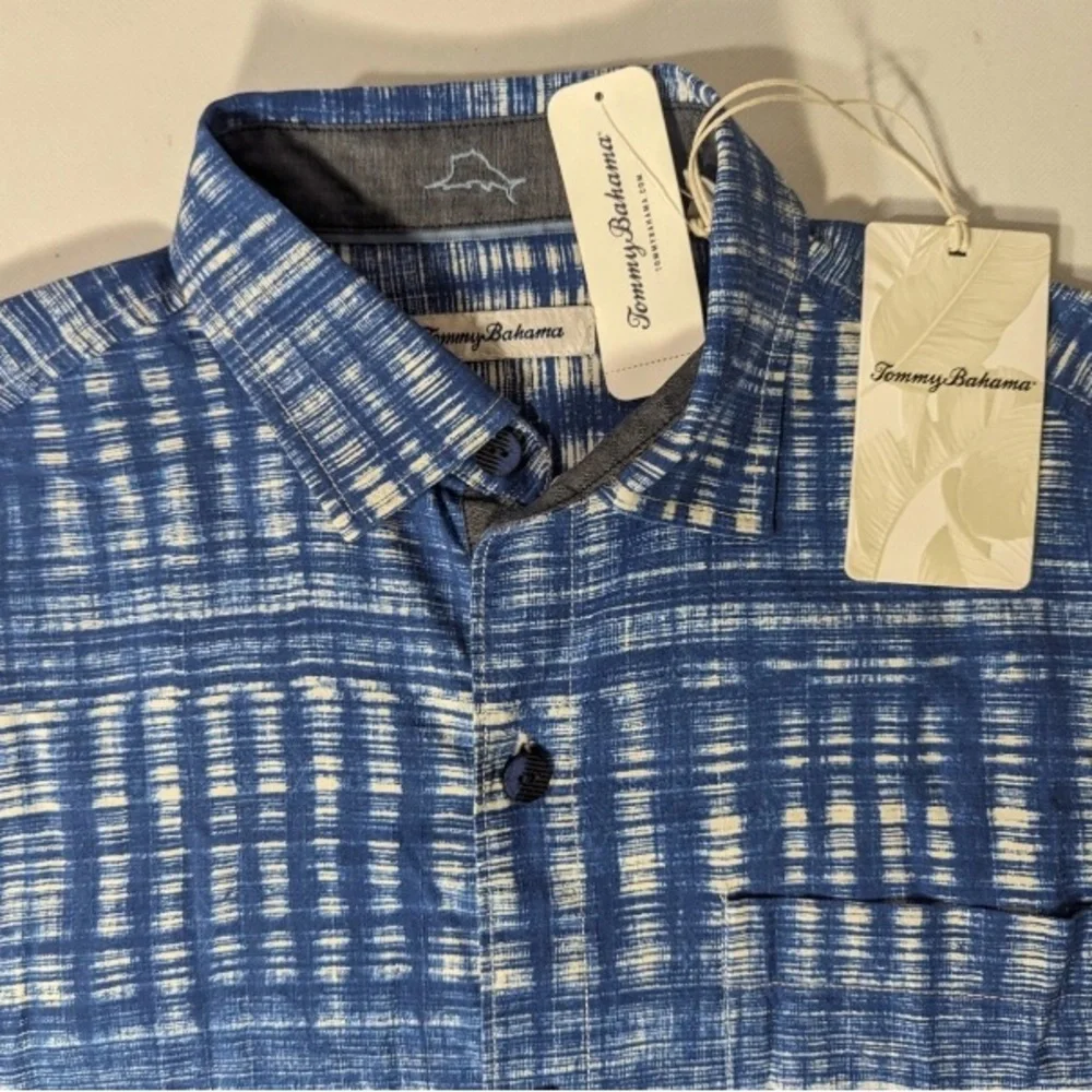 NEW- Size S Tommy Bahama Daybreak Batik Silk Camp Button Shirt ST325844 Navy